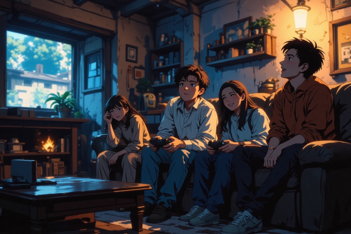 Friends gathered around a video game console