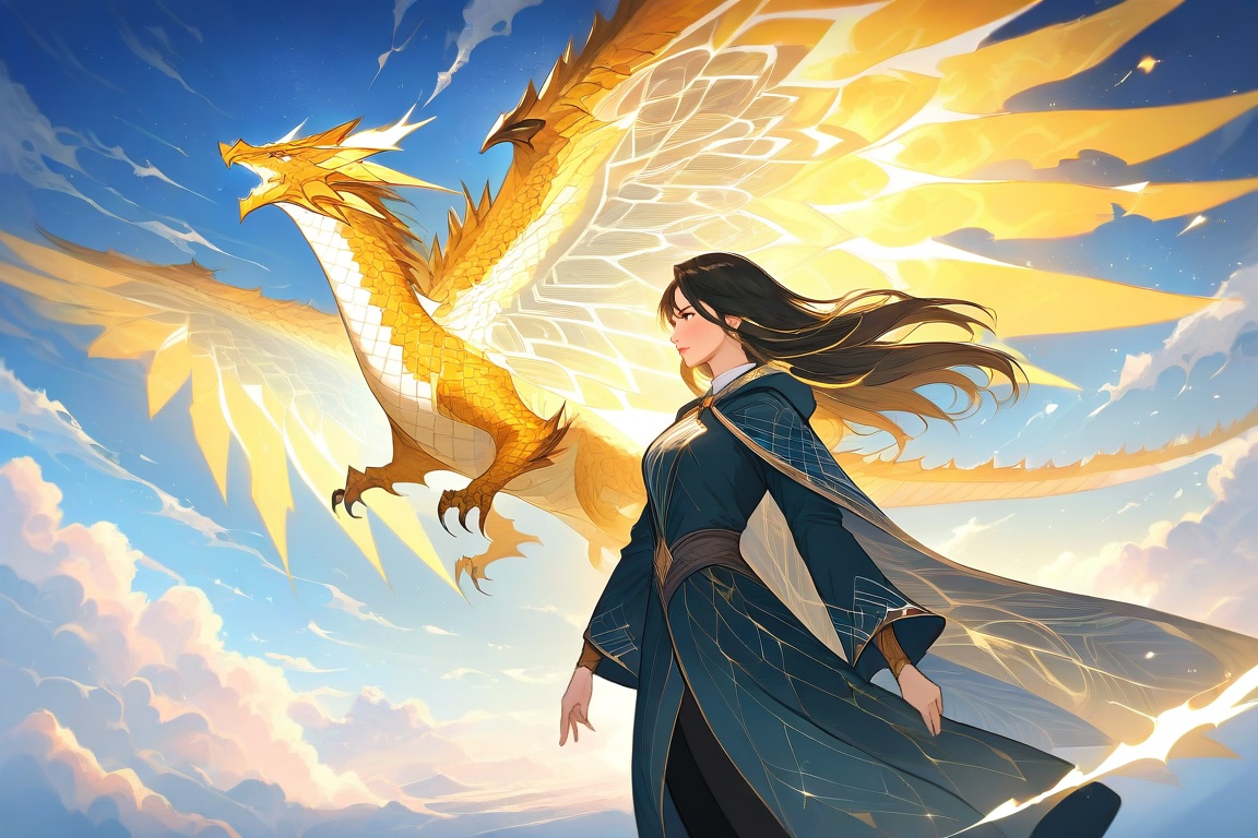 Woman and dragon in golden light